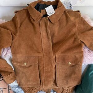 Zara Brown Suede Bomber Jacket